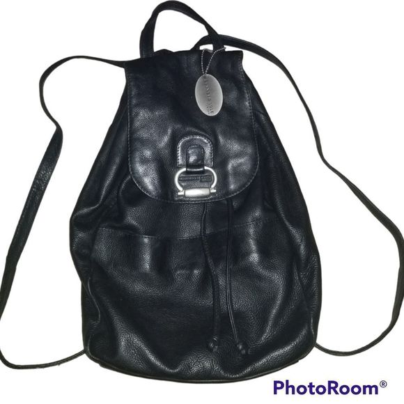 Kenneth Cole Black Leather Backpack Drawstring Bag - Picture 5 of 7